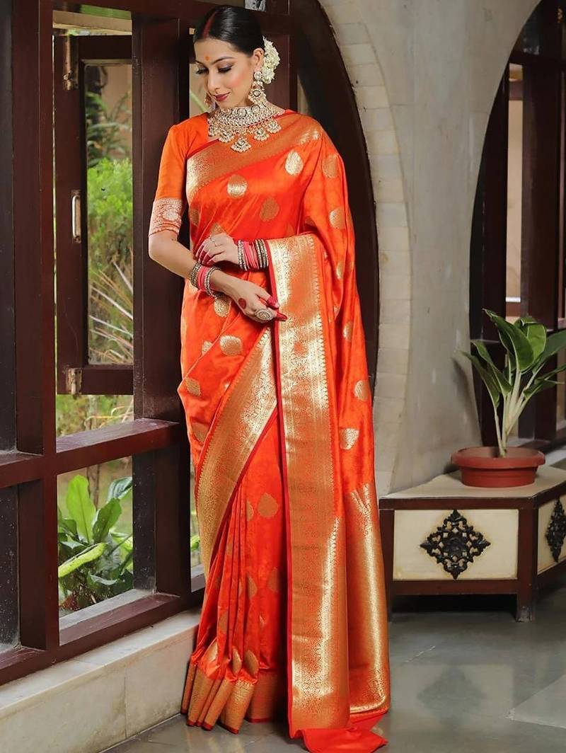 Orange silk blend jacuard work festival saree with unstitched blouse piece