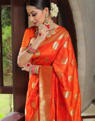 Orange silk blend jacuard work festival saree with unstitched blouse piece 2