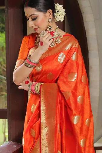 Orange silk blend jacuard work festival saree with unstitched blouse piece