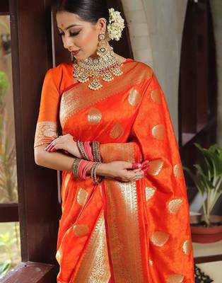 Orange silk blend jacuard work festival saree with unstitched blouse piece 3