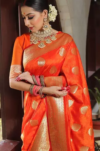 Orange silk blend jacuard work festival saree with unstitched blouse piece