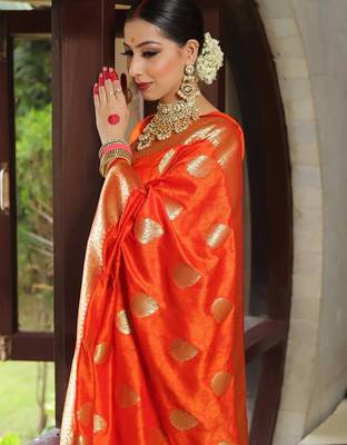 Orange silk blend jacuard work festival saree with unstitched blouse piece 4