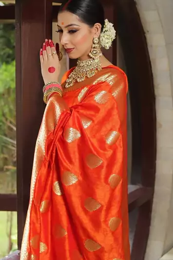Orange silk blend jacuard work festival saree with unstitched blouse piece