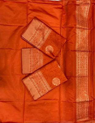 Orange silk blend jacuard work festival saree with unstitched blouse piece 5