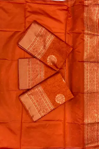 Orange silk blend jacuard work festival saree with unstitched blouse piece