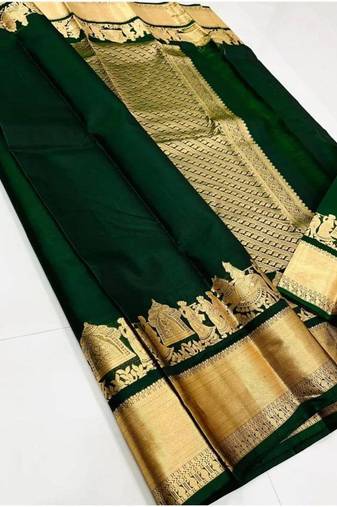 Green silk blend jacuard work festival saree with unstitched blouse piece