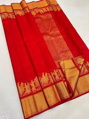 Red silk blend jacuard work festival saree with unstitched blouse piece 1
