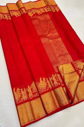 Red silk blend jacuard work festival saree with unstitched blouse piece