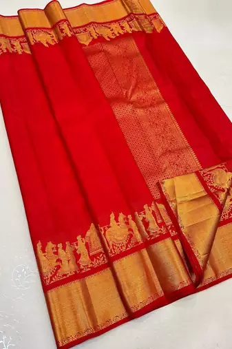 Red silk blend jacuard work festival saree with unstitched blouse piece
