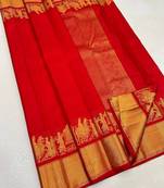 Red silk blend jacuard work festival saree with unstitched blouse piece
