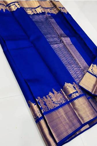 Royal blue silk blend jacuard work festival saree with unstitched blouse piece