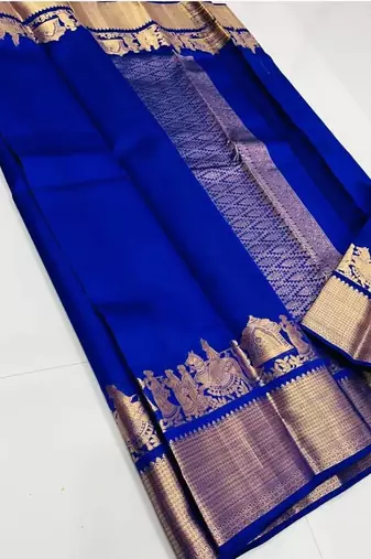 Royal blue silk blend jacuard work festival saree with unstitched blouse piece