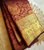 Maroon silk blend jacuard work festival saree with unstitched blouse piece