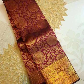 Maroon silk blend jacuard work festival saree with unstitched blouse piece 2