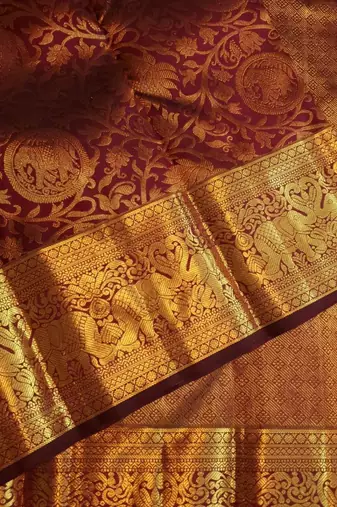 Maroon silk blend jacuard work festival saree with unstitched blouse piece