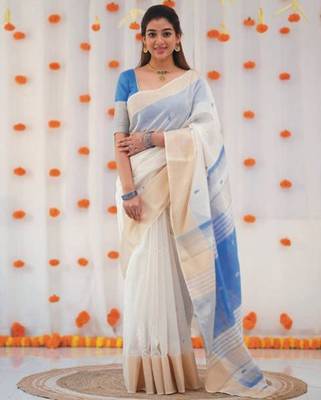White blue linen jacuard work festival saree with unstitched blouse piece 1