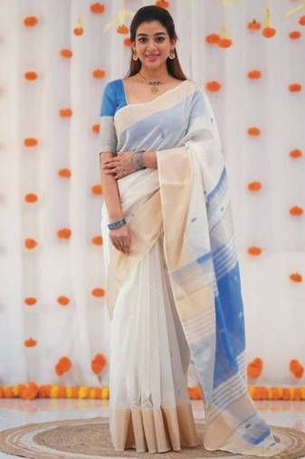 White blue linen jacuard work festival saree with unstitched blouse piece