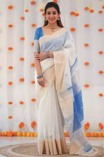 White blue linen jacuard work festival saree with unstitched blouse piece