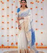 White blue linen jacuard work festival saree with unstitched blouse piece