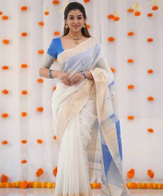 White blue linen jacuard work festival saree with unstitched blouse piece 2