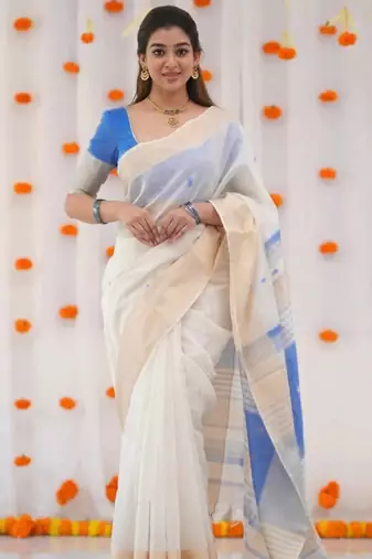 White blue linen jacuard work festival saree with unstitched blouse piece