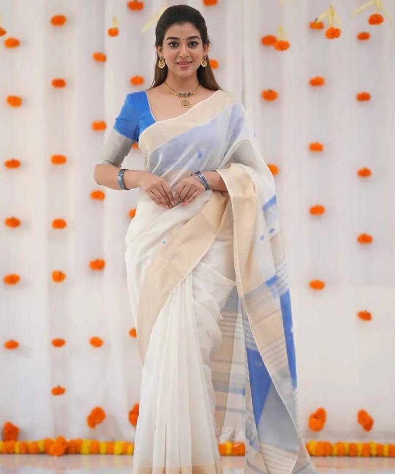White blue linen jacuard work festival saree with unstitched blouse piece