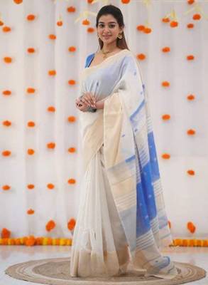 White blue linen jacuard work festival saree with unstitched blouse piece 3