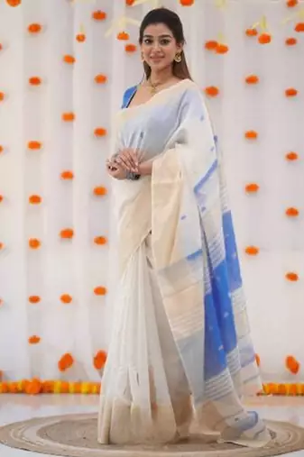 White blue linen jacuard work festival saree with unstitched blouse piece