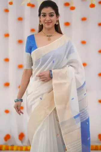 White blue linen jacuard work festival saree with unstitched blouse piece