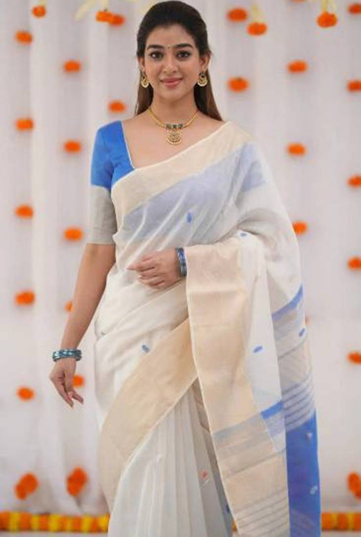 White blue linen jacuard work festival saree with unstitched blouse piece