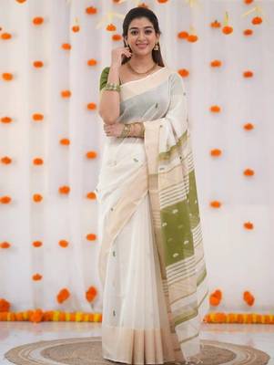 White mehendi linen jacuard work festival saree with unstitched blouse piece 1
