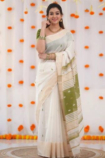 White mehendi linen jacuard work festival saree with unstitched blouse piece