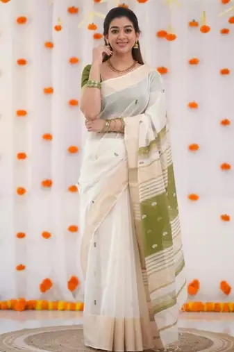 White mehendi linen jacuard work festival saree with unstitched blouse piece
