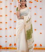 White mehendi linen jacuard work festival saree with unstitched blouse piece