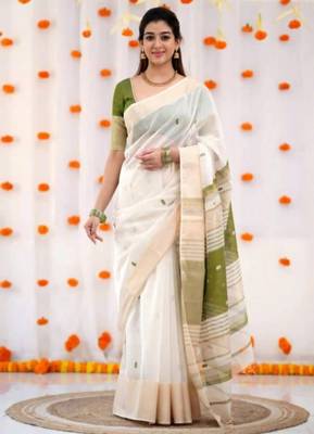 White mehendi linen jacuard work festival saree with unstitched blouse piece 2
