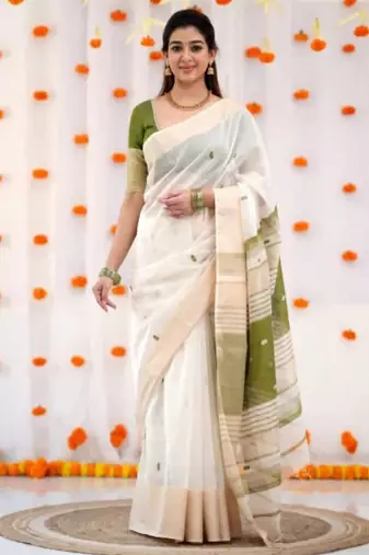 White mehendi linen jacuard work festival saree with unstitched blouse piece
