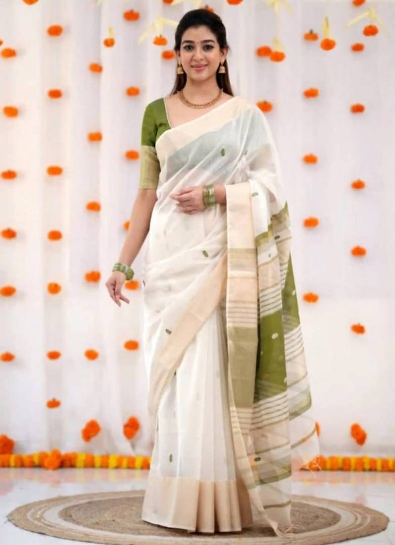 White mehendi linen jacuard work festival saree with unstitched blouse piece
