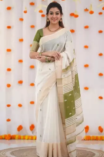 White mehendi linen jacuard work festival saree with unstitched blouse piece