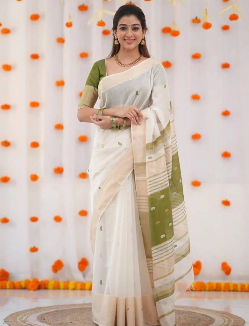 White mehendi linen jacuard work festival saree with unstitched blouse piece