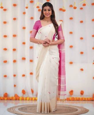 White pink linen jacuard work festival saree with unstitched blouse piece 1