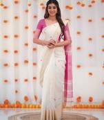 White pink linen jacuard work festival saree with unstitched blouse piece