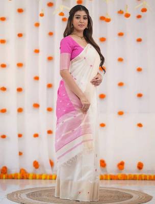 White pink linen jacuard work festival saree with unstitched blouse piece 2