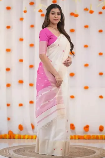 White pink linen jacuard work festival saree with unstitched blouse piece