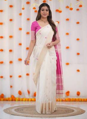 White pink linen jacuard work festival saree with unstitched blouse piece 3