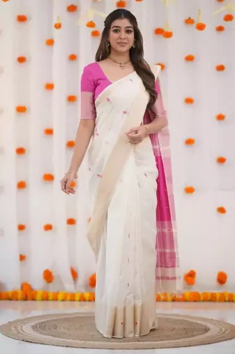 White pink linen jacuard work festival saree with unstitched blouse piece