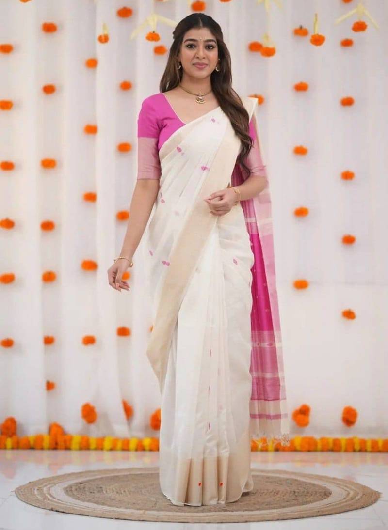 White pink linen jacuard work festival saree with unstitched blouse piece