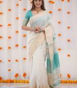 White sky linen jacuard work festival saree with unstitched blouse piece