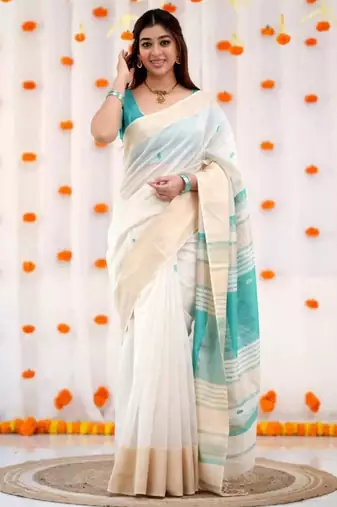 White sky linen jacuard work festival saree with unstitched blouse piece