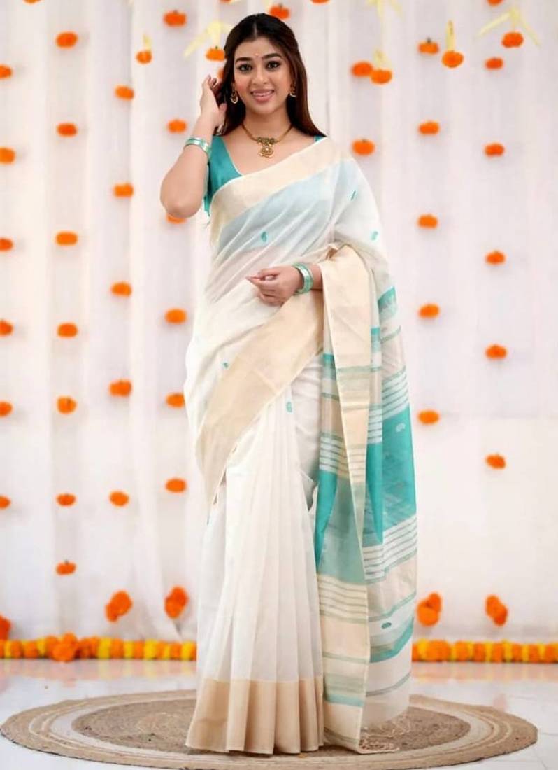 White sky linen jacuard work festival saree with unstitched blouse piece