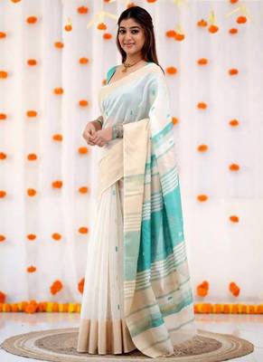 White sky linen jacuard work festival saree with unstitched blouse piece 3